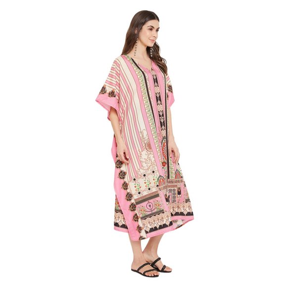 Floral Printed Pink Polyester Plus Size Kimono Kaftan Maxi Dress for Women - Picture 5 of 10